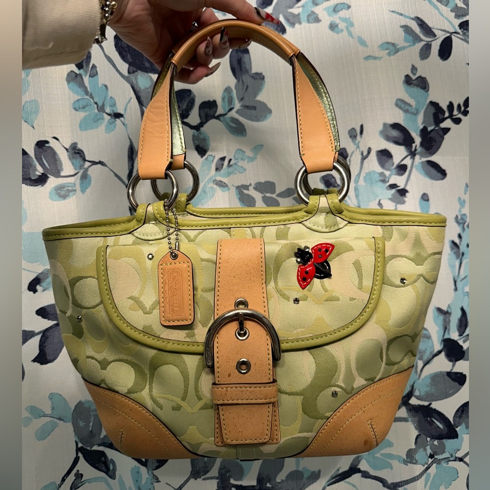 Coach Green and Tan Shoulder Bag with Ladybug Accent